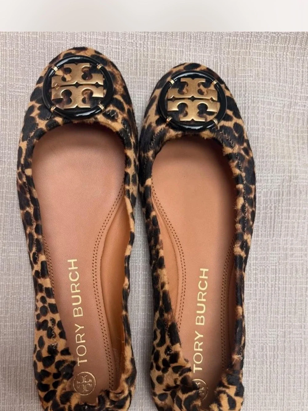 Tory Burch Leopard Ballet Flats with Logo Medallion - Tan/Black Size 8.5